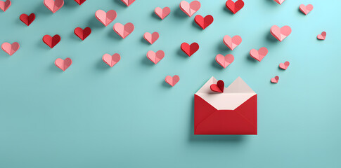 Banner with origami hearts and a red envelope in paper art style
