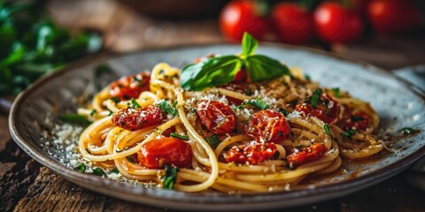 Italian Elegance on a Plate - Sun-Dried Tomato Pesto Pasta - Culinary Sophistication in Every Strand - Soft Light Accentuating Pasta Perfection - obrazy, fototapety, plakaty
