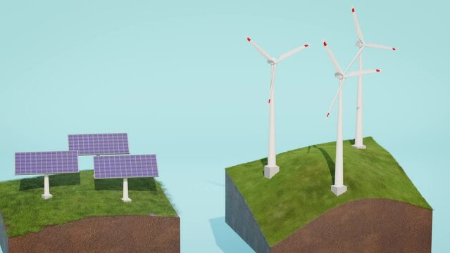 Rotating wind turbines on rolling green hills and solar panels turning to the sun -  illustration as 3d render. Zooming out