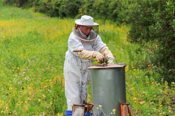 mujer latina trabajando con el extractor de miel en medio del campo para el proceso de cosecha de...