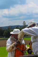 pareja de apicultores irreconocibles en el proceso de extracción de miel de abeja en las montañas...
