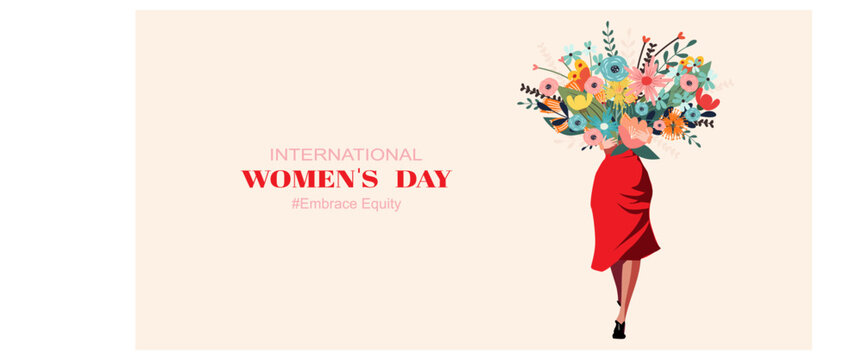 March 8, International Women's day card. A women holding flowers.