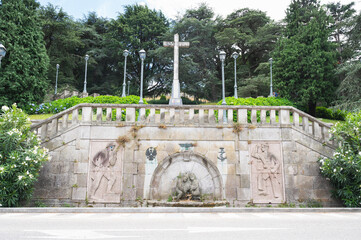 Fountain in Park Monte del Castro, park located on a hill in Vigo, the biggest city in Galicia Region, in the North of Spain, selective focus - obrazy, fototapety, plakaty