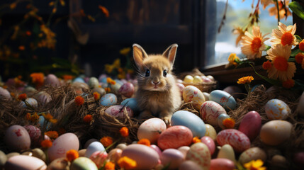 Cute Easter Bunny adorable baby rabbit surrounded by easter eggs