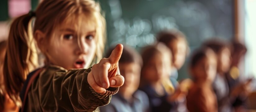 Teacher pointing at students in front of blurry chalkboard.