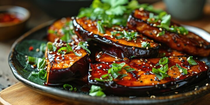 Umami-Infused Vegan Delight - Miso Maple Glazed Eggplant - Vegan Joy on a Plate - Soft Light Accentuating Culinary Umami
