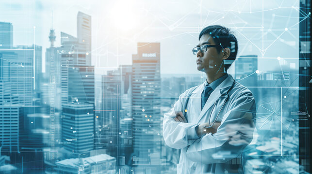 asian doctor with crossed arms, double exposure with city and data - Powered by Adobe