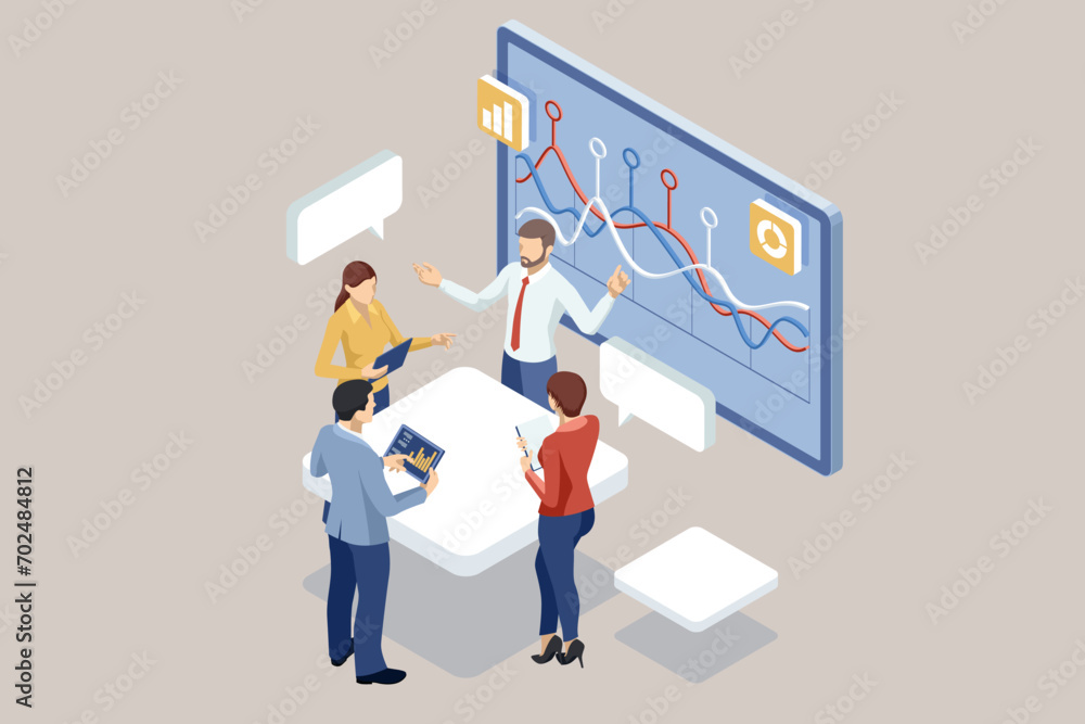 Poster business team collaboration discussing working analyzing with financial data and marketing growth re