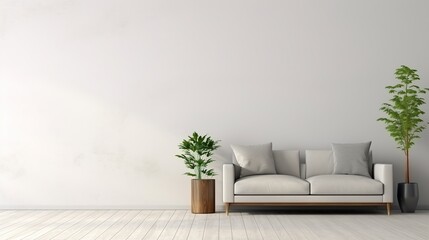 empty white wall for writing, minimalist beige living room interior, sofa on wooden floor, - obrazy, fototapety, plakaty