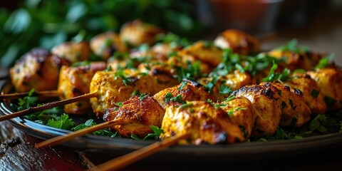 Golden Grilled Poultry Delight - Turmeric Ginger Chicken Skewers - Culinary Fiesta on a Stick - Dynamic Light Capturing Grilled Poultry Extravaganza 