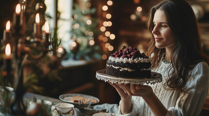 Femme apportant un gâteau forêt noire à table, heureuse de sa pâtisserie, pâtisserie spécialité d'Allemagne et d'Alsace - obrazy, fototapety, plakaty
