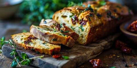 Savory Italian Baked Bliss - Pesto Sundried Tomato Bread - Gourmet Indulgence in Every Slice - Soft Light Illuminating Baked Italian Bliss - obrazy, fototapety, plakaty