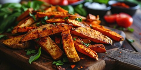 Spicy Southern Comfort - Cajun Spiced Sweet Potato Fries - Culinary Warmth in Every Bite - Soft Light Enhancing Southern Comfort - obrazy, fototapety, plakaty