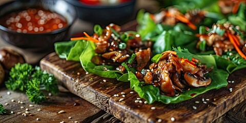 Obraz na płótnie Canvas Asian Veggie Delight - Sesame Soy Glazed Mushroom Lettuce Wraps - Culinary Fusion in Every Bite - Subtle Light Enhancing Veggie Delight