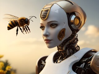 female robot looking at a bee