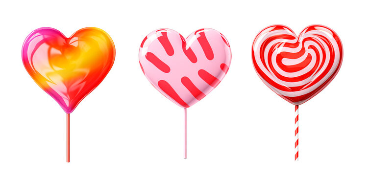 Heart shape lollipops for Valentine's Day over isolated transparent background