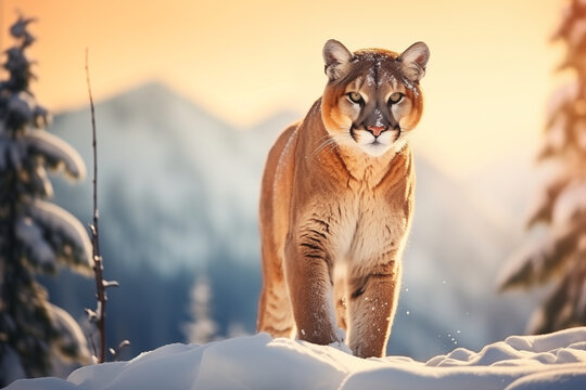Beautiful cougar or mountain lion in the snow in winter, generated by AI