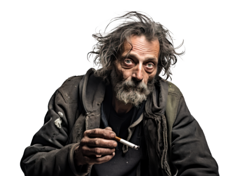 Homeless sad man smoking a cigarette and looking at camera over white transparent background
