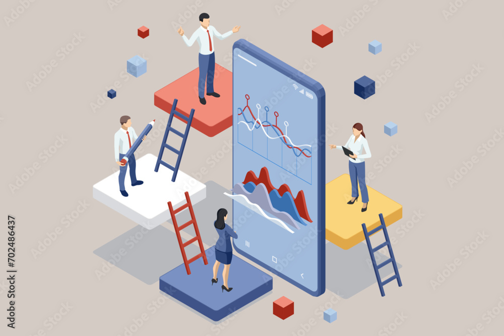 Poster isometric expert team for data analysis, business statistic, presentation and brainstorming to strat