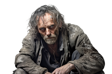 Homeless mature sad man looking with anger at camera. Isolated over transparent background