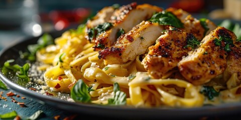 Spicy Creamy Italian Fusion - Cajun Chicken Alfredo Pasta - Culinary Fiesta on Your Plate - Dynamic Light Capturing Italian Fusion