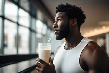 African American body builder man drinking healthy protein smoothie at gym - obrazy, fototapety, plakaty