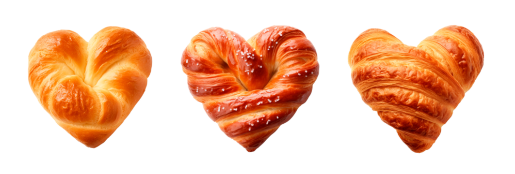 Brioche bread with heart shapes over isolated transparent background. Valentine's Day concept