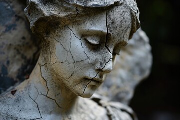 A cracked and weathered stone statue, embodying the erosion of trust and faith caused by a sense of persistent unfairness. --ar 3:2 --v 6 Job ID: 74360f29-036e-4005-8538-5638e40449f3