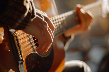 Hand holding a guitar and playing a song. Close up image