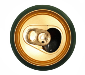 Open can of beer isolated on white, top view, 