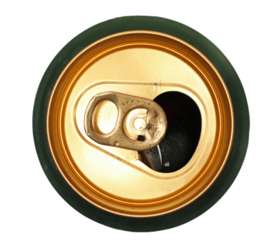 Open can of beer isolated on white, top view, 