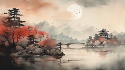 Misty Mountain Lake with Traditional Chinese Pavilion - obrazy, fototapety, plakaty