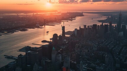 Aerial view of city with Statue of Liberty at sunset