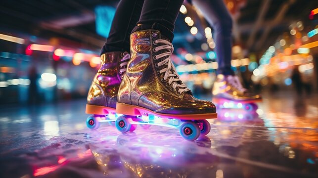 A young woman roller skating in a roller skating rink