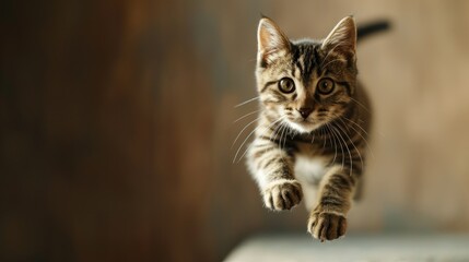 Funny cat flying. photo of a playful tabby cat jumping mid-air looking at camera. background with copy space