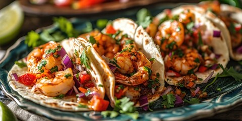 Latin Seafood Fusion - Chimichurri Grilled Shrimp Tacos - Culinary Fiesta on a Plate - Dynamic Light Capturing Grilled Shrimp Tacos 