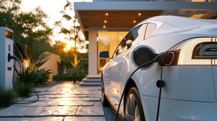Generic electric vehicle EV hybrid car is being charged from a wallbox on a contemporary modern residential building house