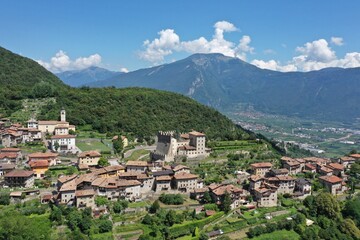 Fototapeta na wymiar Aerial view of Tenno village Trentino-Alto Adige, Alto Garda and Ledro Community. Tenno, Trento, Italy