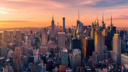 New York City panorama skyline at sunrise. Manhattan office buildings : skysrcapers at the morning. New York City panoramatic shot - obrazy, fototapety, plakaty