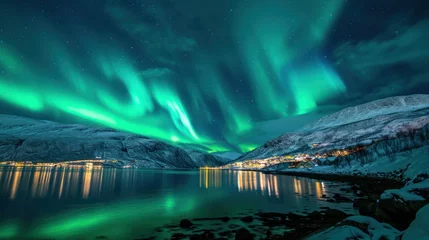 Foto auf Glas Northern lights (Aurora borealis) in the sky - Tromso, Norway © Orxan
