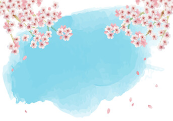 水彩和風の控え目桜と青空のフレーム - obrazy, fototapety, plakaty