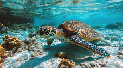 Fototapeta premium An underwater view of a sea turtle gliding over the sandy seabed in crystal clear water 