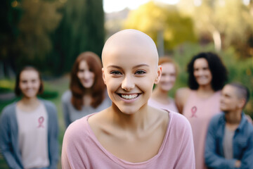 Young woman with cancer without hair talking about her experience to friends outdoors