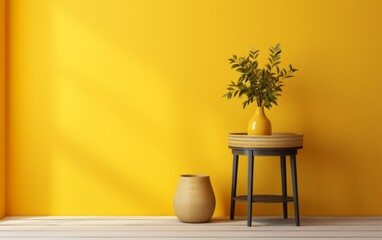 A modern interior design featuring a vibrant yellow vase with greenery on a chic side table, complemented by a textured woven basket against a bright yellow wall