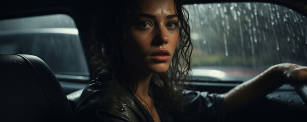 Dramatic portrait of a young woman sitting inside a car on a rainy day. Reflective Lights, wet, close up portrait.