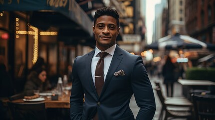 Fototapeta premium A young African-American businessman is standing in a city street.