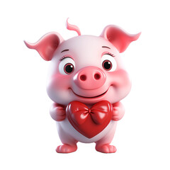 Cute 3d pig with heart isolated on white. Valentine, romance, or wedding.