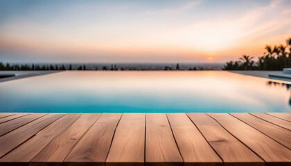 Empty wood table with view of pool with copy space
