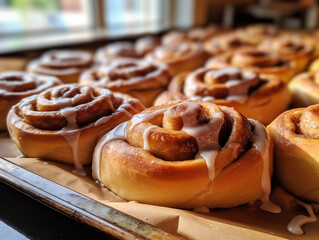 warm cinnamon buns right out of the oven, on baking tray, zoomed in, focus on food in bright and...