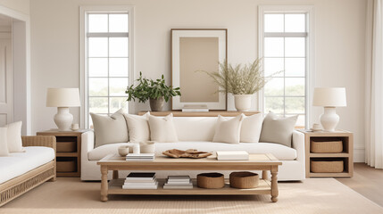 living room complete, white aesthetic, bright and airy, neutral color palette
